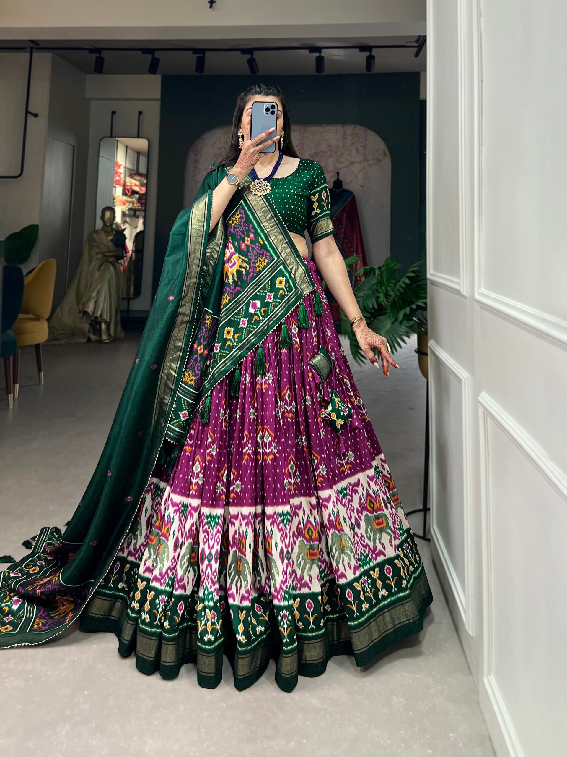 Traditional Patola Motif Lehenga Choli Set with Elephant Embroidery