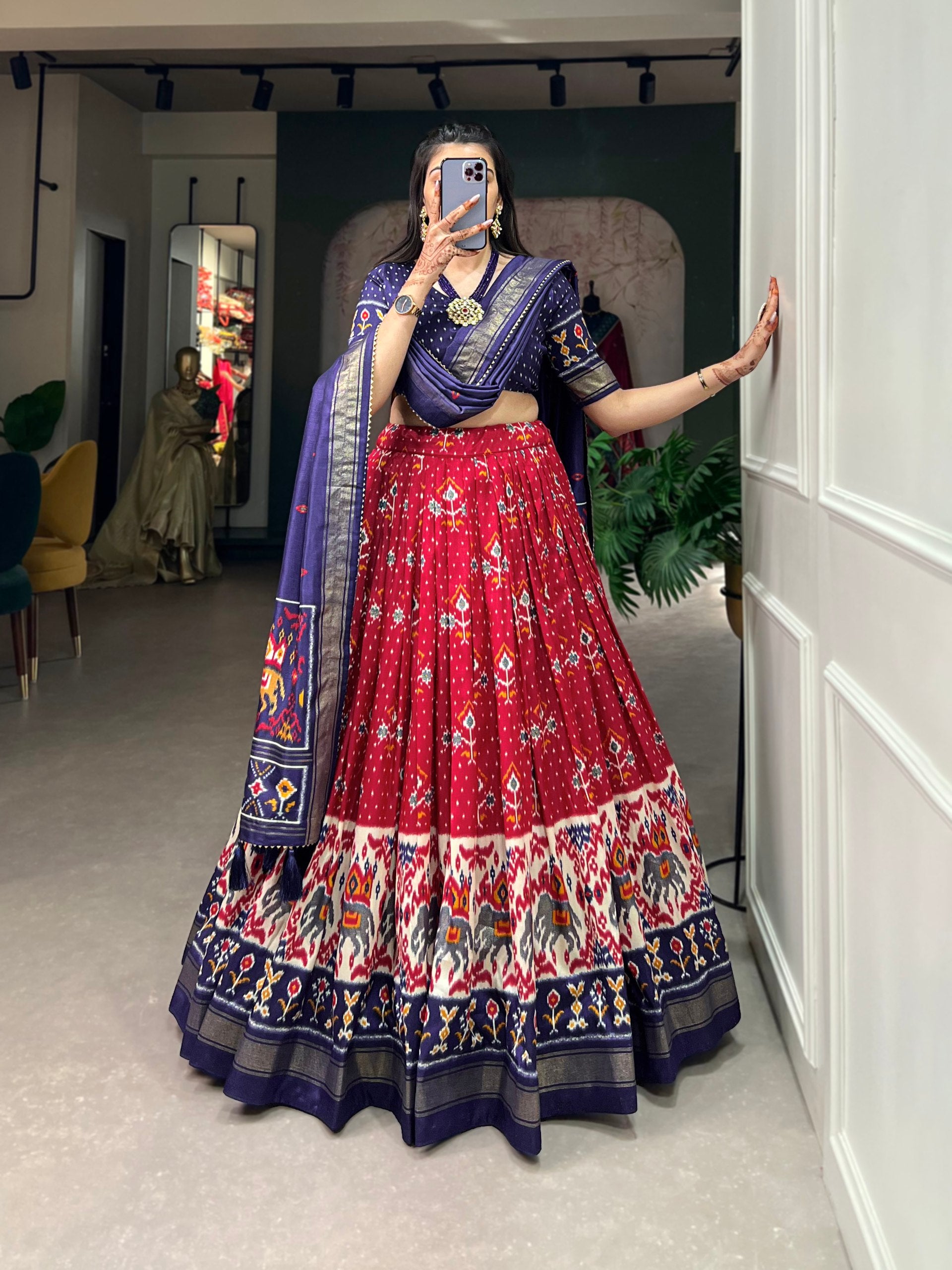 Traditional Patola Motif Lehenga Choli Set with Elephant Embroidery
