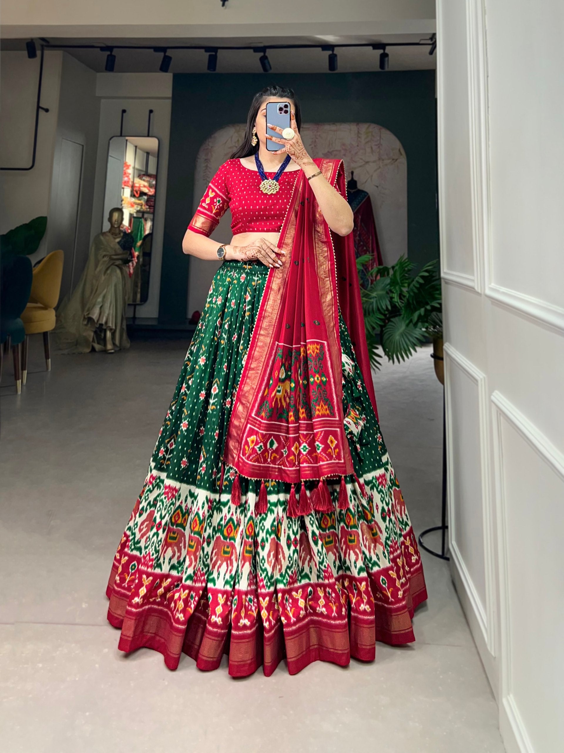 Traditional Patola Motif Lehenga Choli Set with Elephant Embroidery