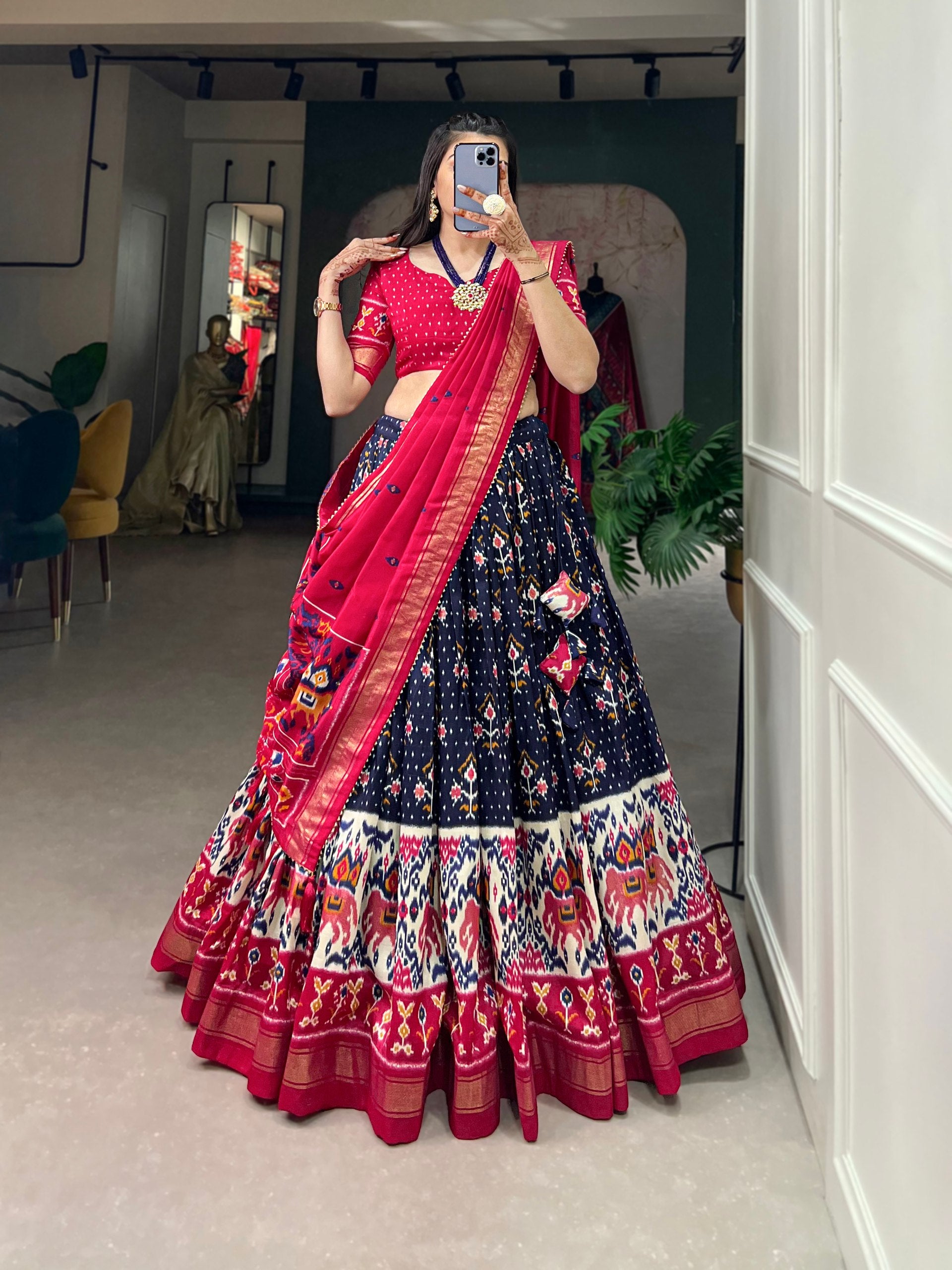 Traditional Patola Motif Lehenga Choli Set with Elephant Embroidery