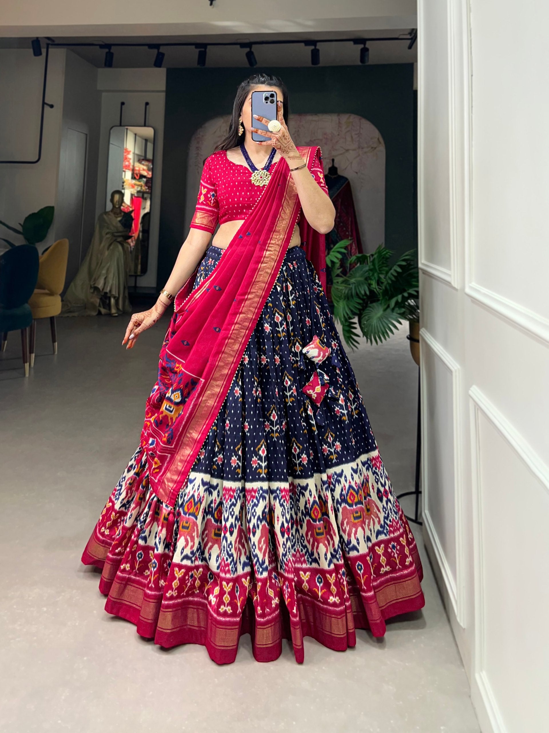 Traditional Patola Motif Lehenga Choli Set with Elephant Embroidery