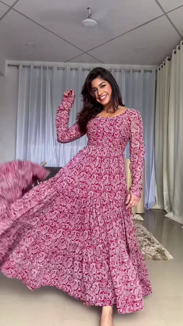 Maroon Paisley Printed Tiered Anarkali Maxi Dress