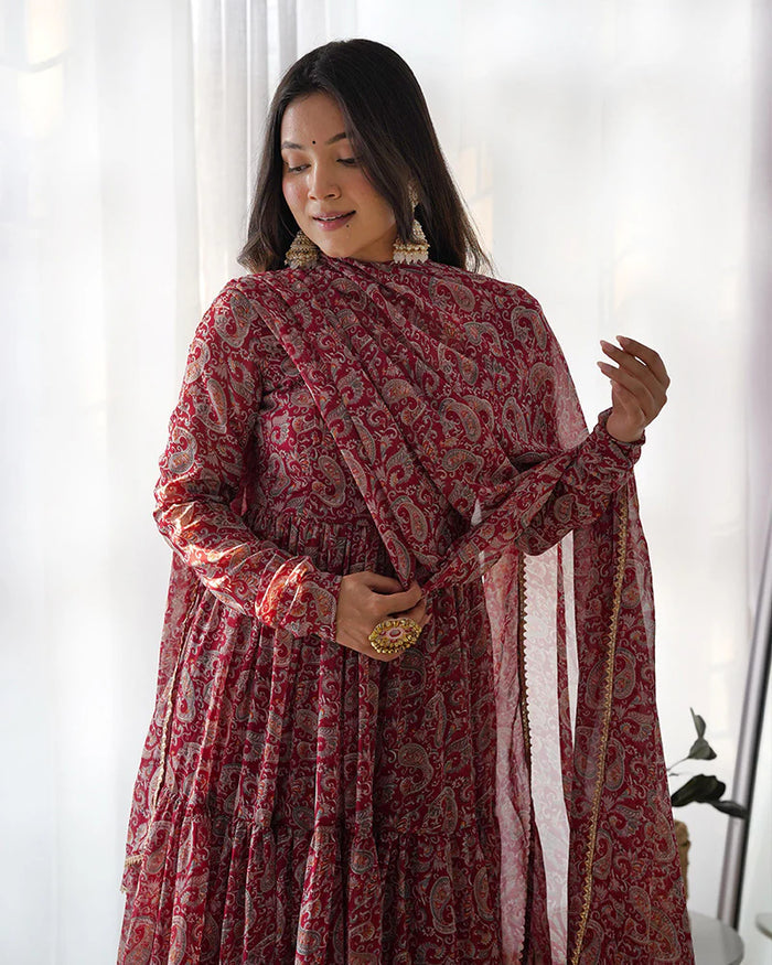 MAROON COLOR GEORGETTE THREE LAYER RUFFLE STYLE ANARKALI SUIT