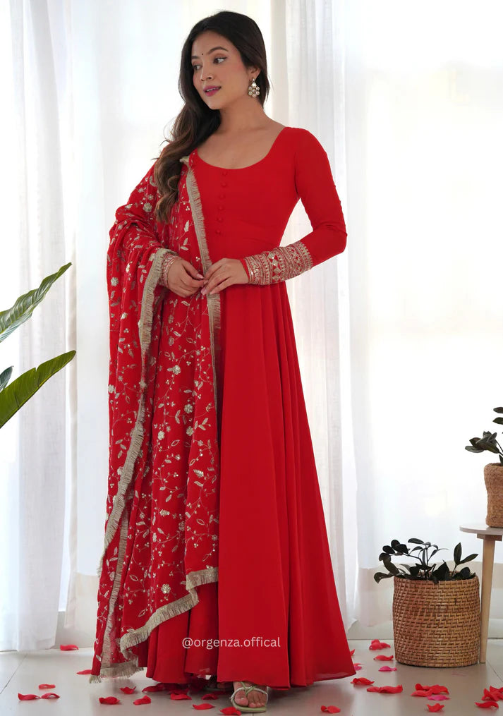 Classic Red Anarkali Set with Golden Embroidery