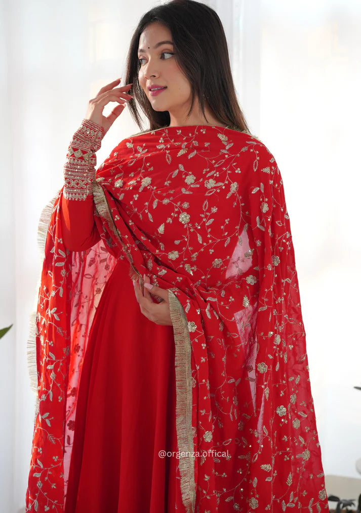 Classic Red Anarkali Set with Golden Embroidery