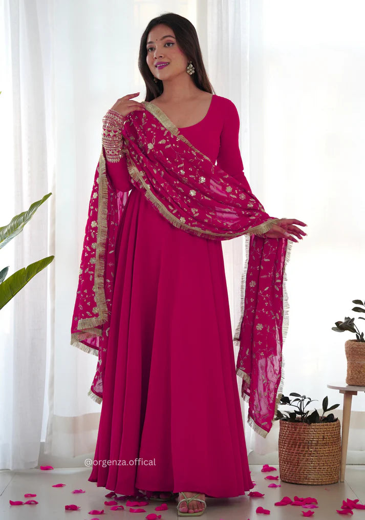 Magenta Pink Anarkali Suit with Golden Embroidered Dupatta