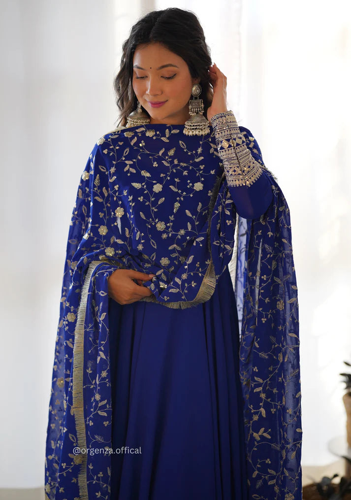 Royal Blue Anarkali Suit with Embroidered Dupatta