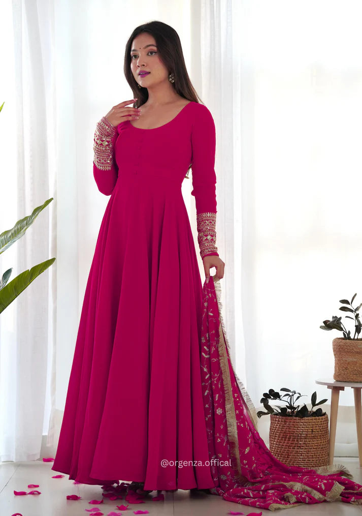 Magenta Pink Anarkali Suit with Golden Embroidered Dupatta