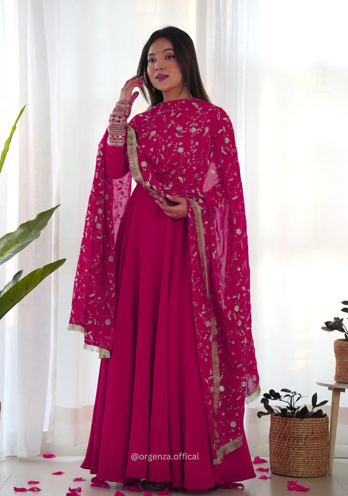 Magenta Pink Anarkali Suit with Golden Embroidered Dupatta