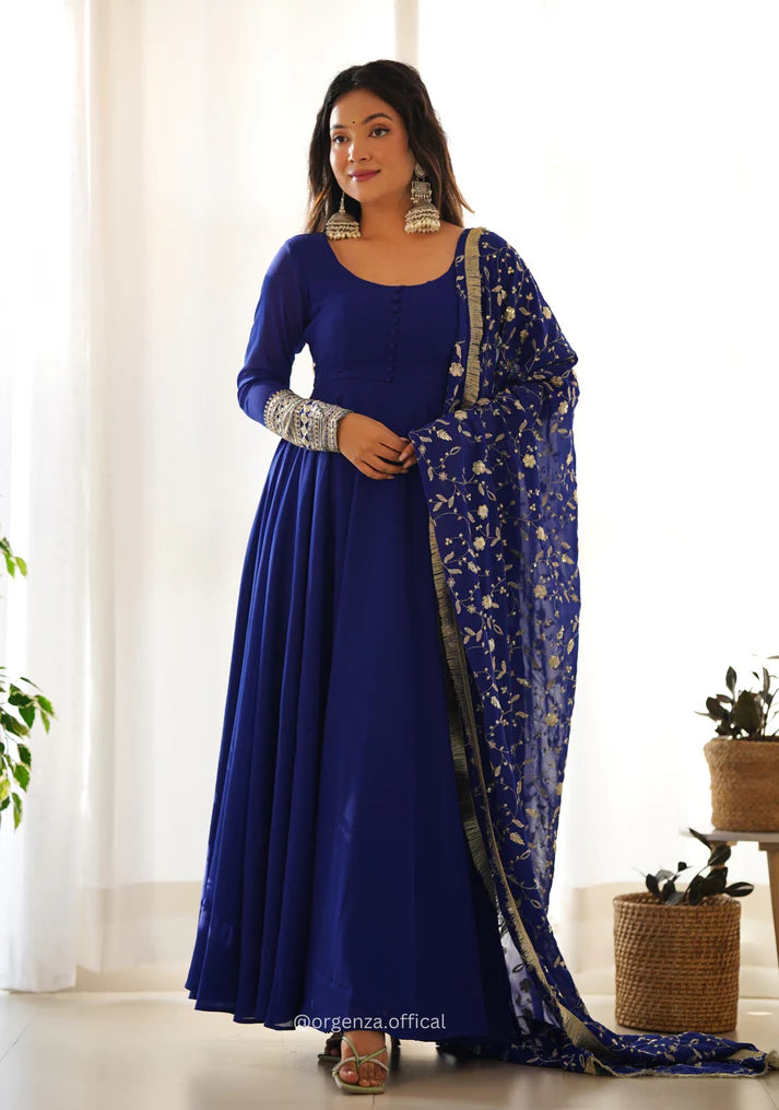 Royal Blue Anarkali Suit with Embroidered Dupatta