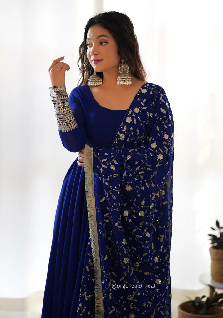 Royal Blue Anarkali Suit with Embroidered Dupatta