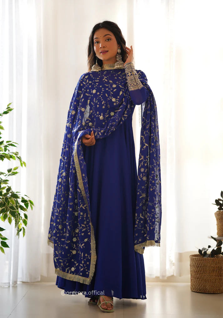 Royal Blue Anarkali Suit with Embroidered Dupatta