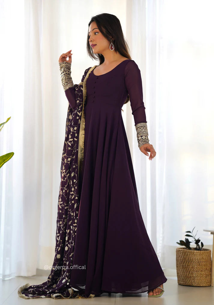 Deep Plum Embroidered Anarkali Suit