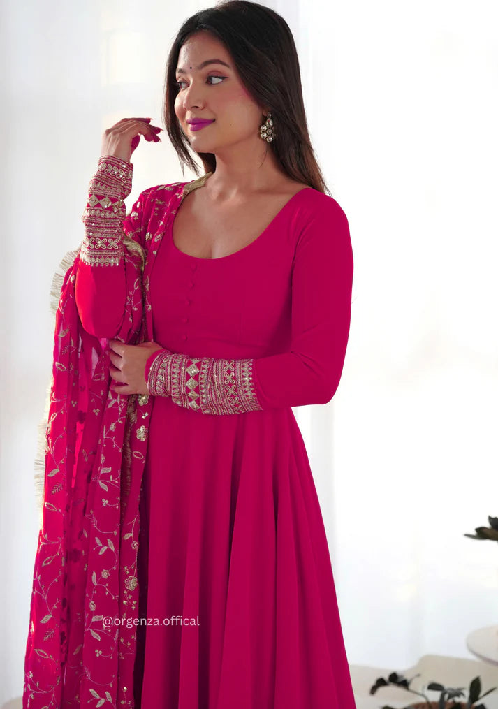Magenta Pink Anarkali Suit with Golden Embroidered Dupatta