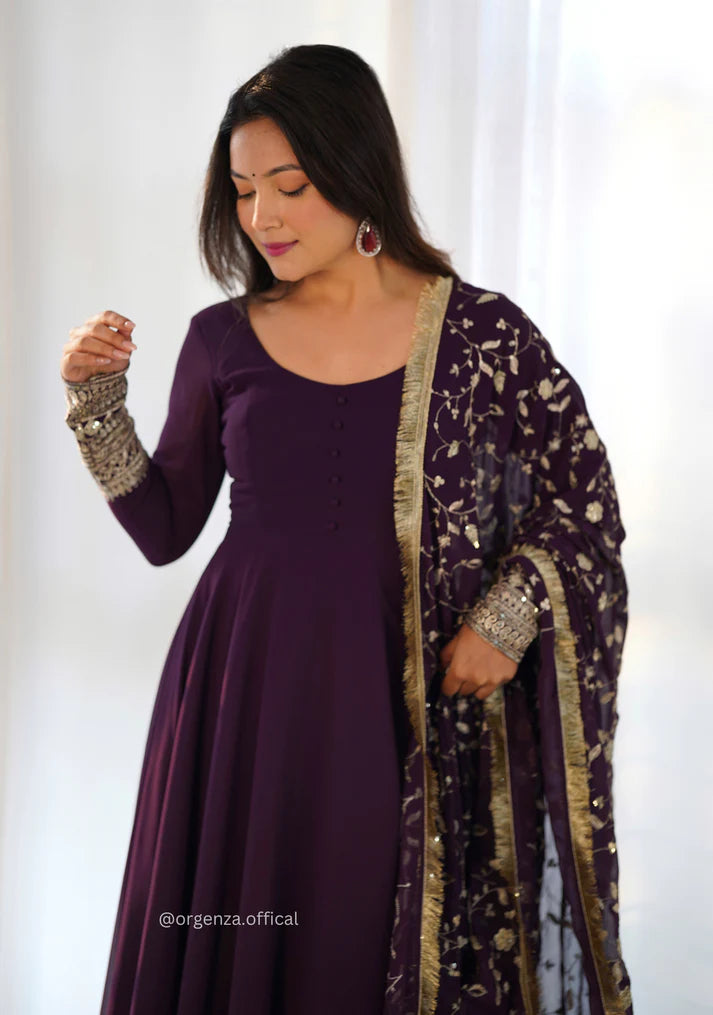 Deep Plum Embroidered Anarkali Suit