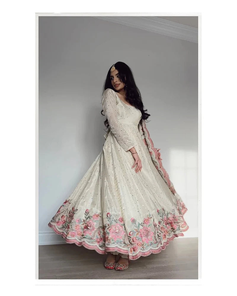 Elegant Off-White Anarkali Suit with Floral Embroidered Dupatta