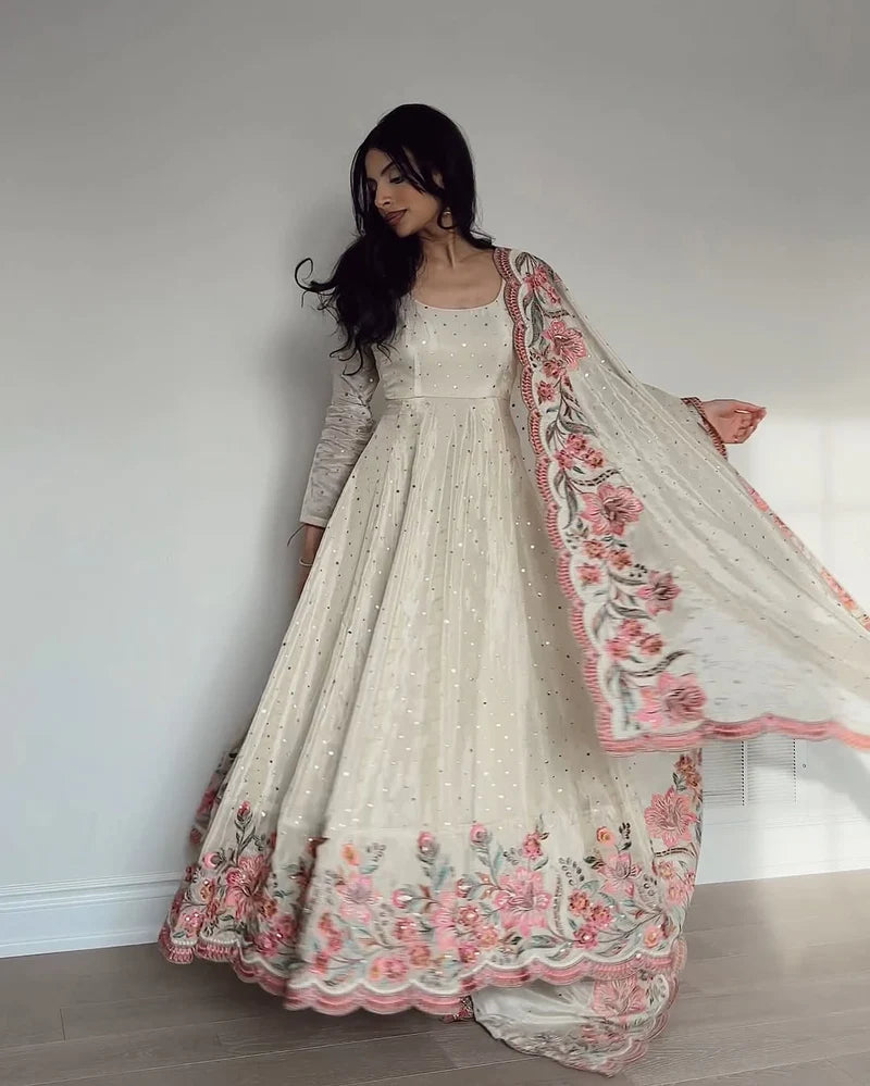 Elegant Off-White Anarkali Suit with Floral Embroidered Dupatta