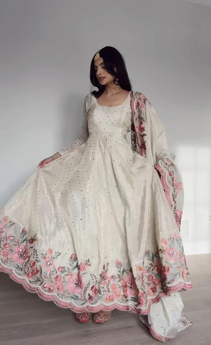 Elegant Off-White Anarkali Suit with Floral Embroidered Dupatta