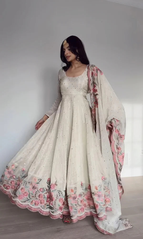 Elegant Off-White Anarkali Suit with Floral Embroidered Dupatta