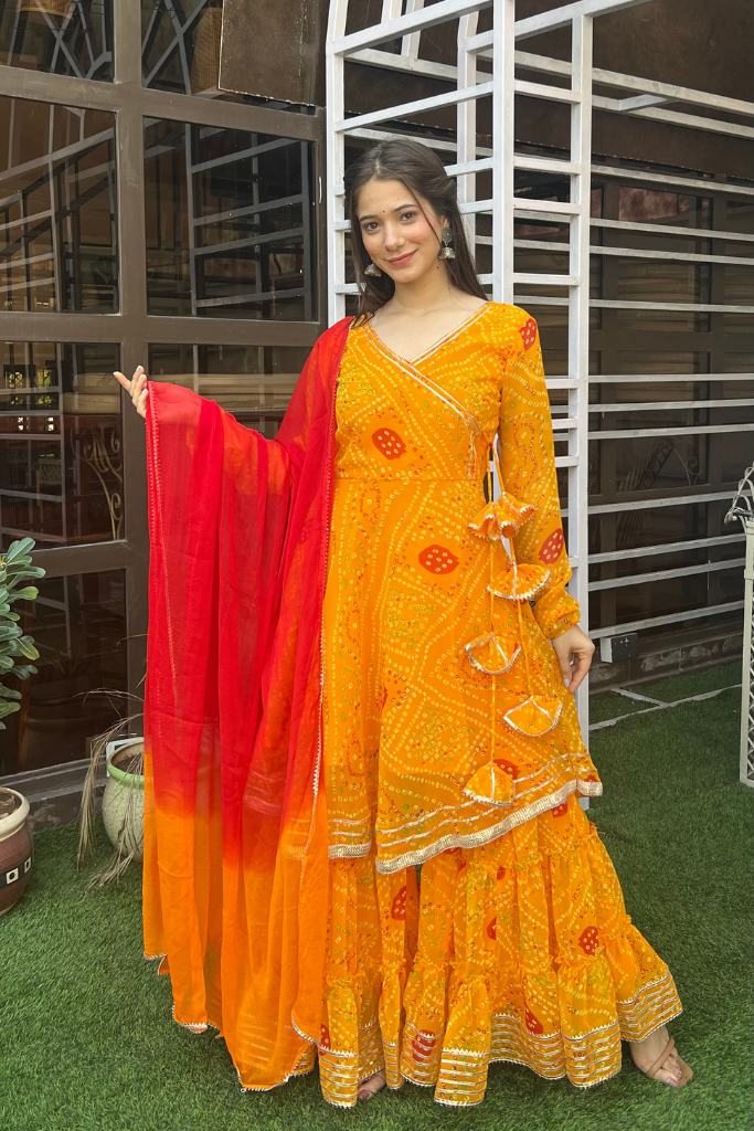 Yellow Bandhani Print Sharara Set For Women's