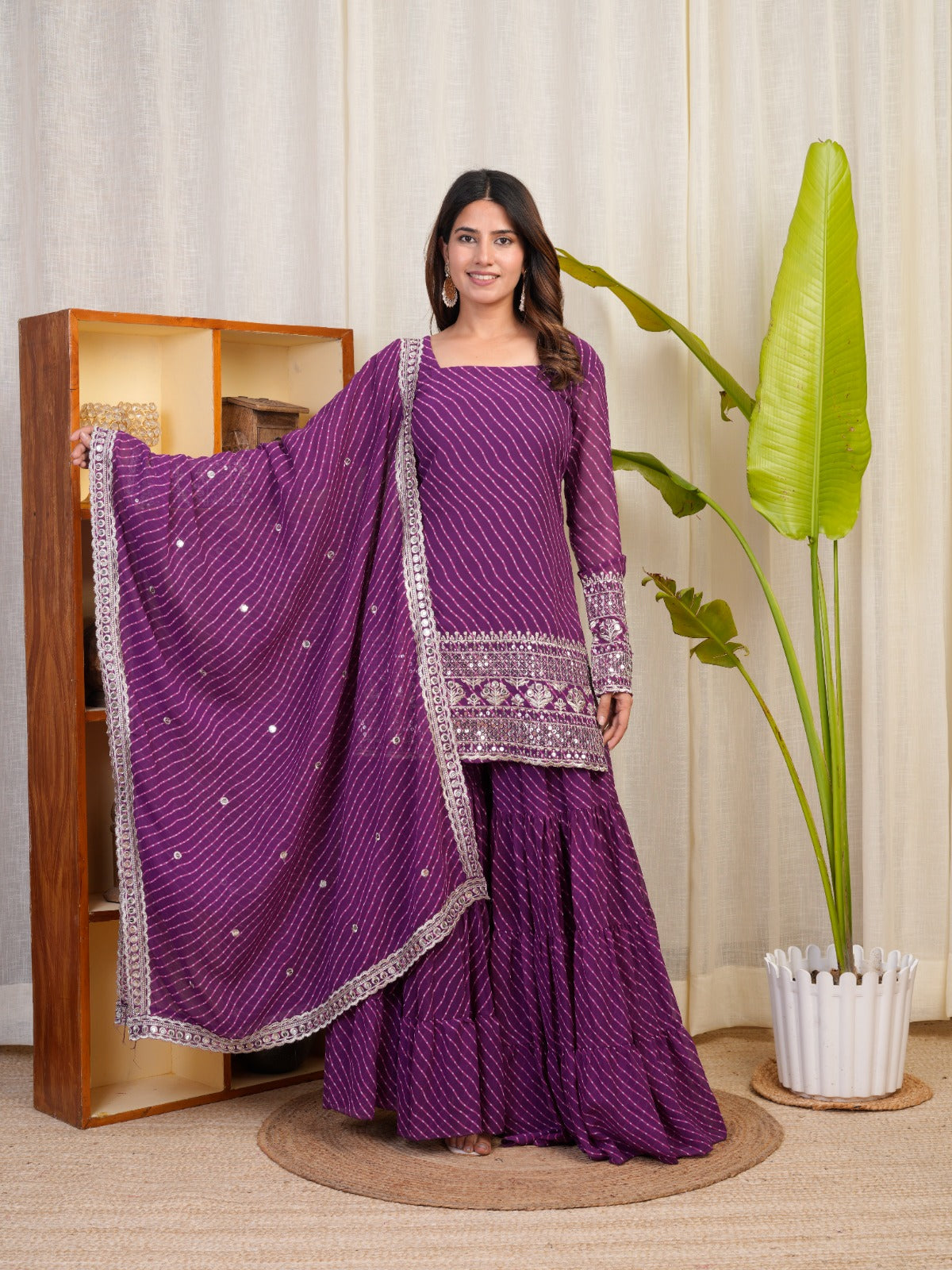 Royal Purple Bandhani Sharara Suit with Mirror Work Dupatta