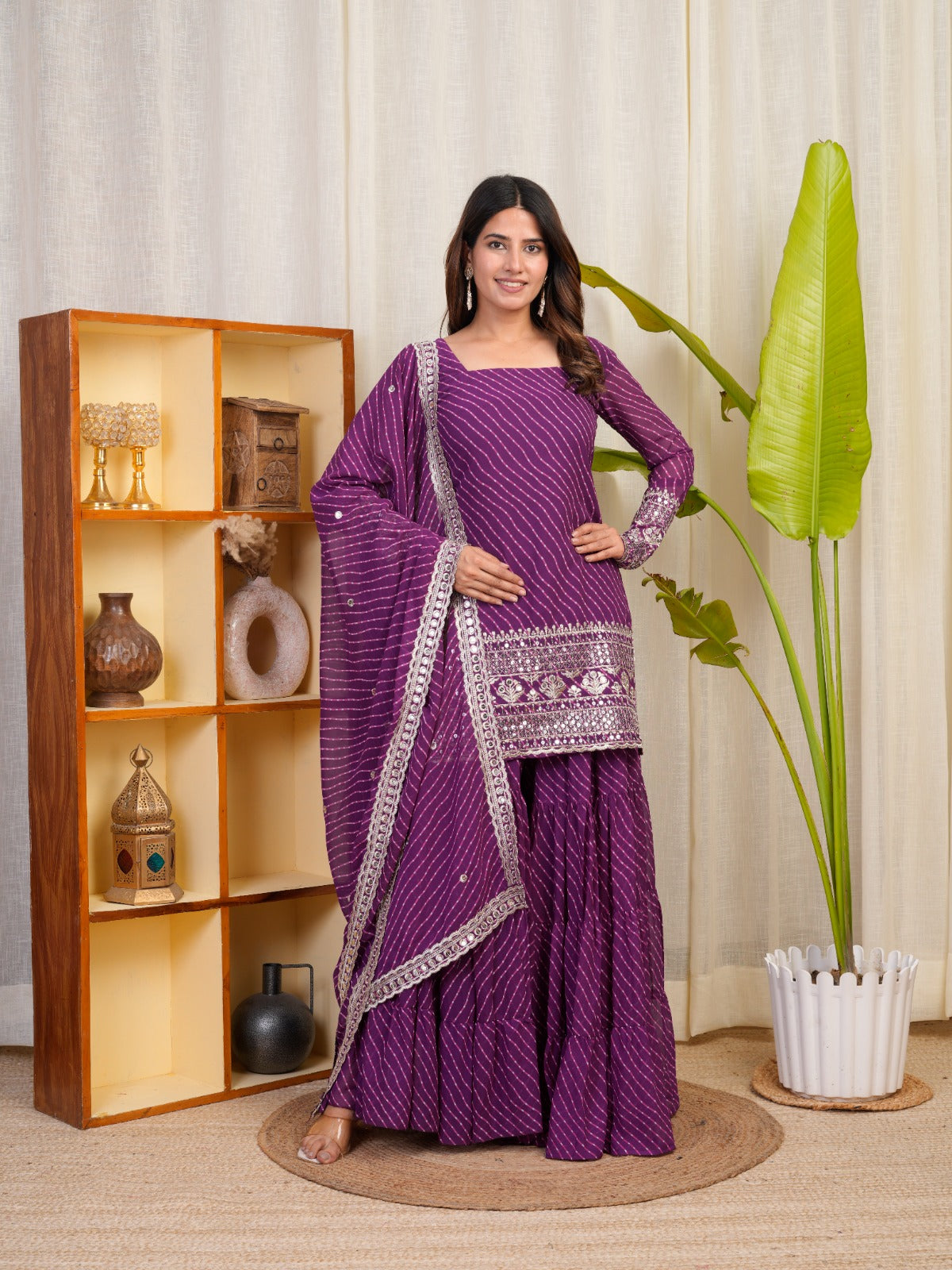 Royal Purple Bandhani Sharara Suit with Mirror Work Dupatta