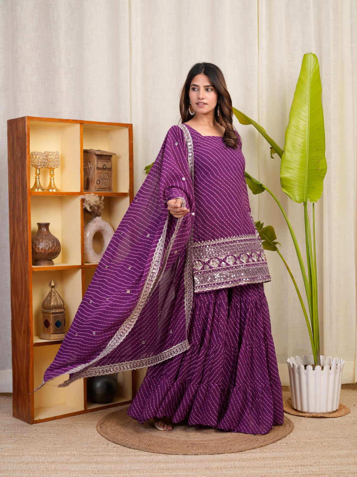 Royal Purple Bandhani Sharara Suit with Mirror Work Dupatta