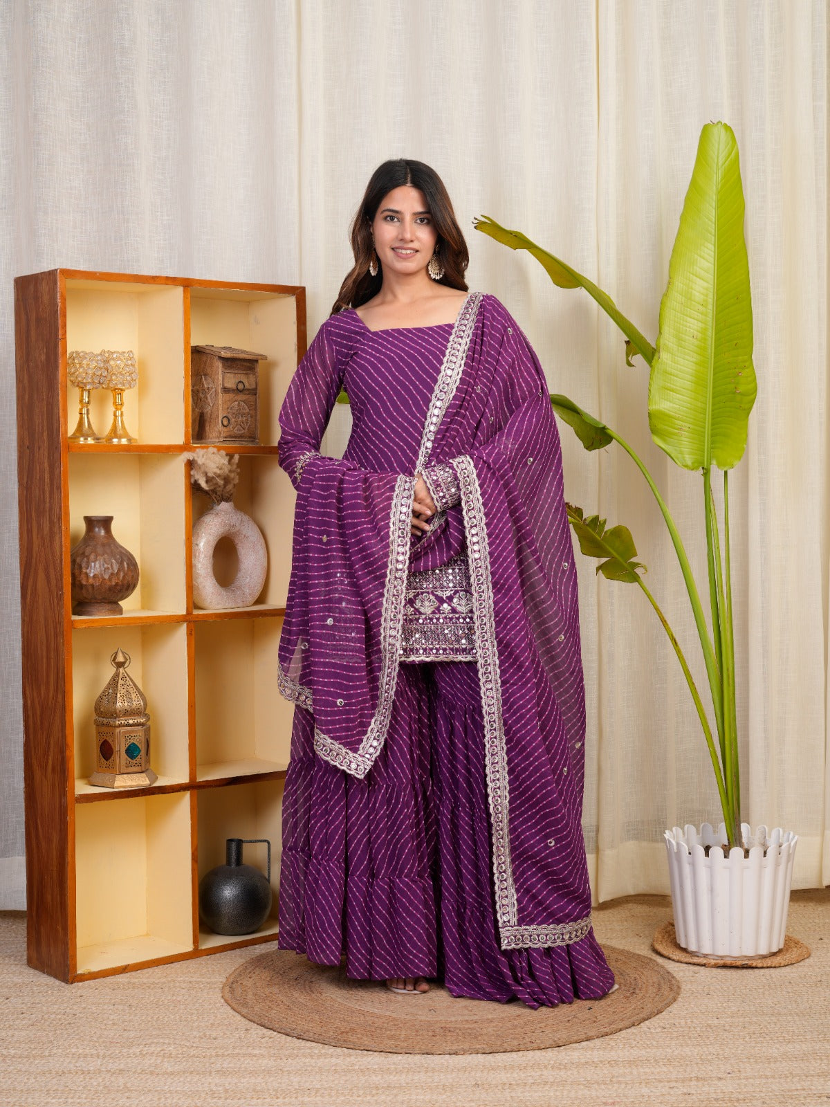 Royal Purple Bandhani Sharara Suit with Mirror Work Dupatta