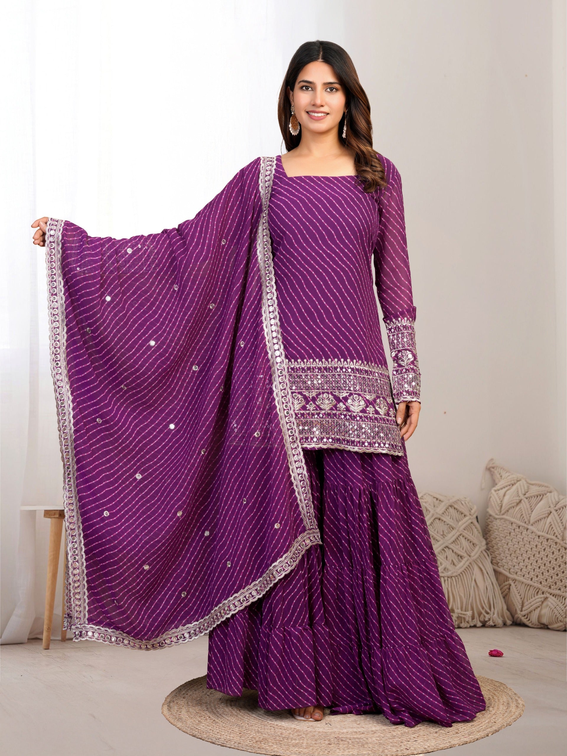 Royal Purple Bandhani Sharara Suit with Mirror Work Dupatta