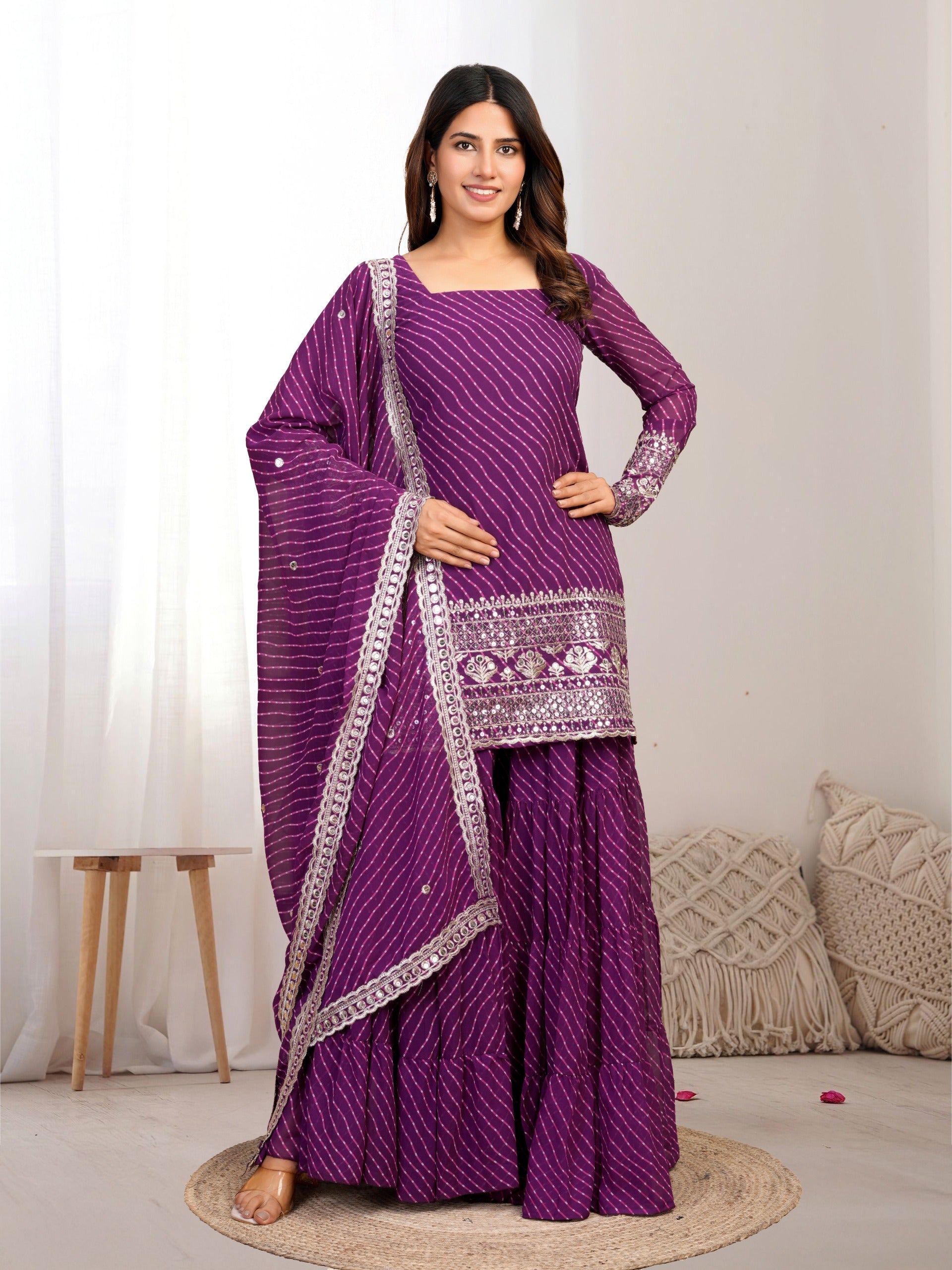 Royal Purple Bandhani Sharara Suit with Mirror Work Dupatta