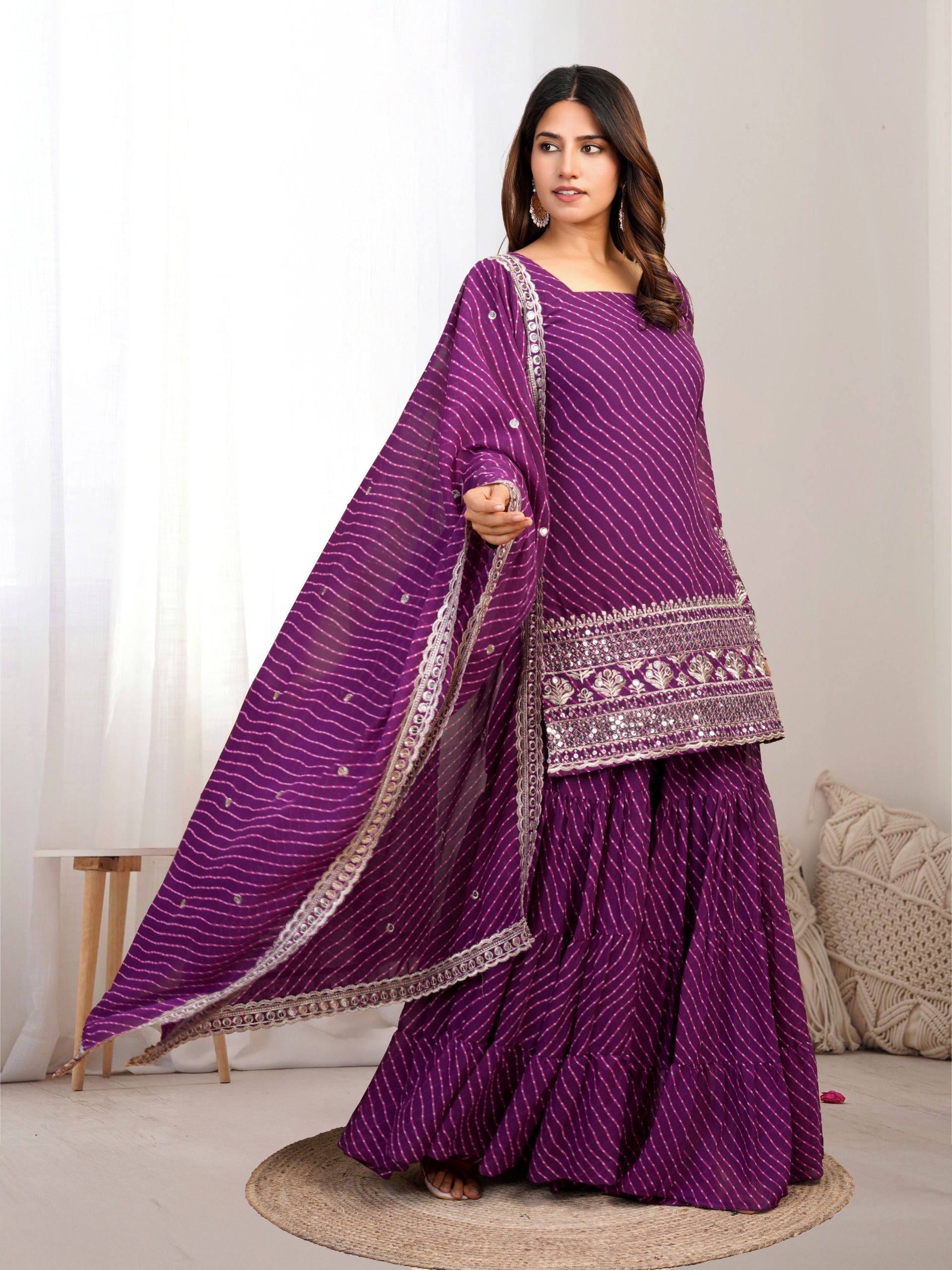 Royal Purple Bandhani Sharara Suit with Mirror Work Dupatta