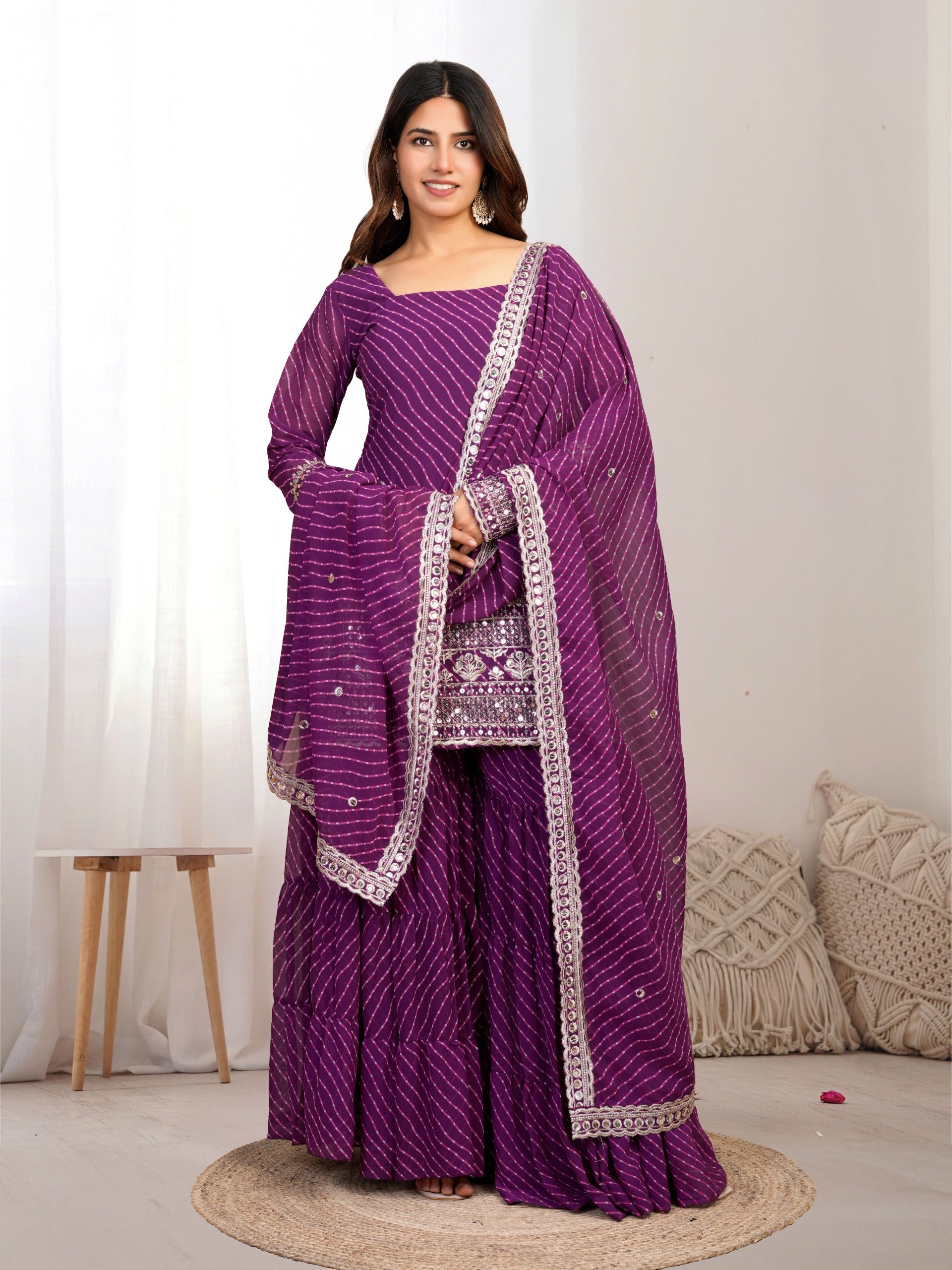 Royal Purple Bandhani Sharara Suit with Mirror Work Dupatta