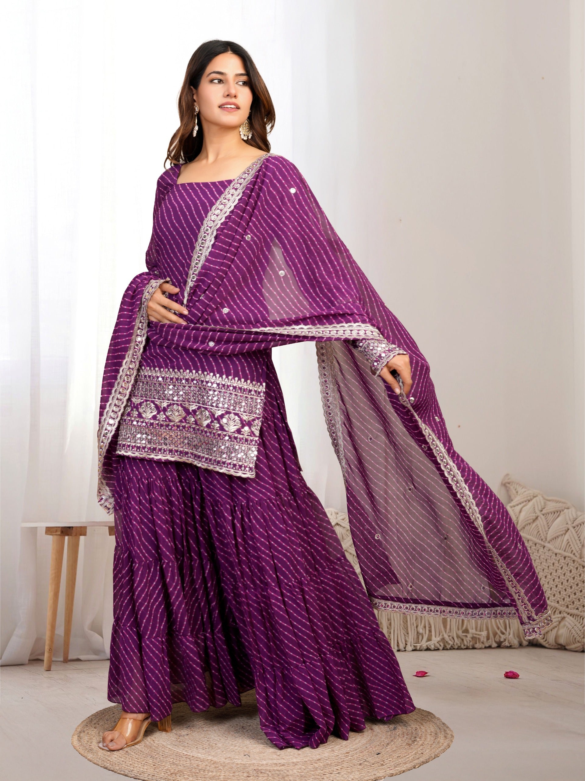 Royal Purple Bandhani Sharara Suit with Mirror Work Dupatta