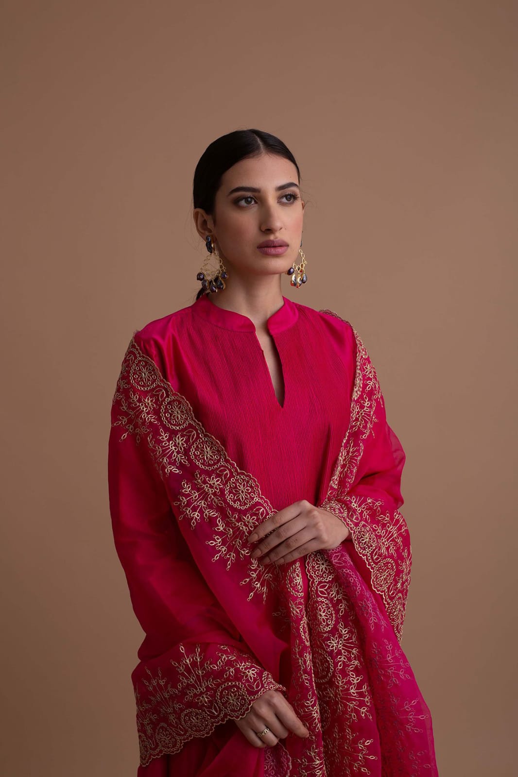 Fuchsia Pink Embroidered Organza Kurta Set with Dupatta