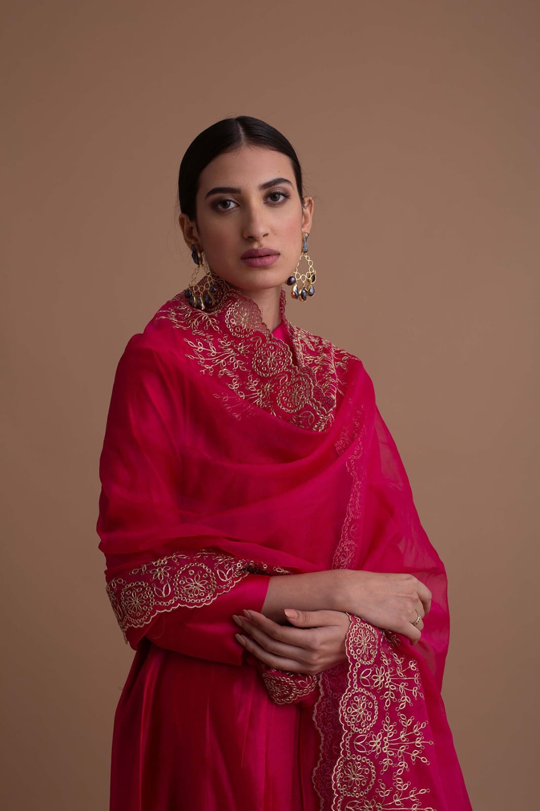 Fuchsia Pink Embroidered Organza Kurta Set with Dupatta