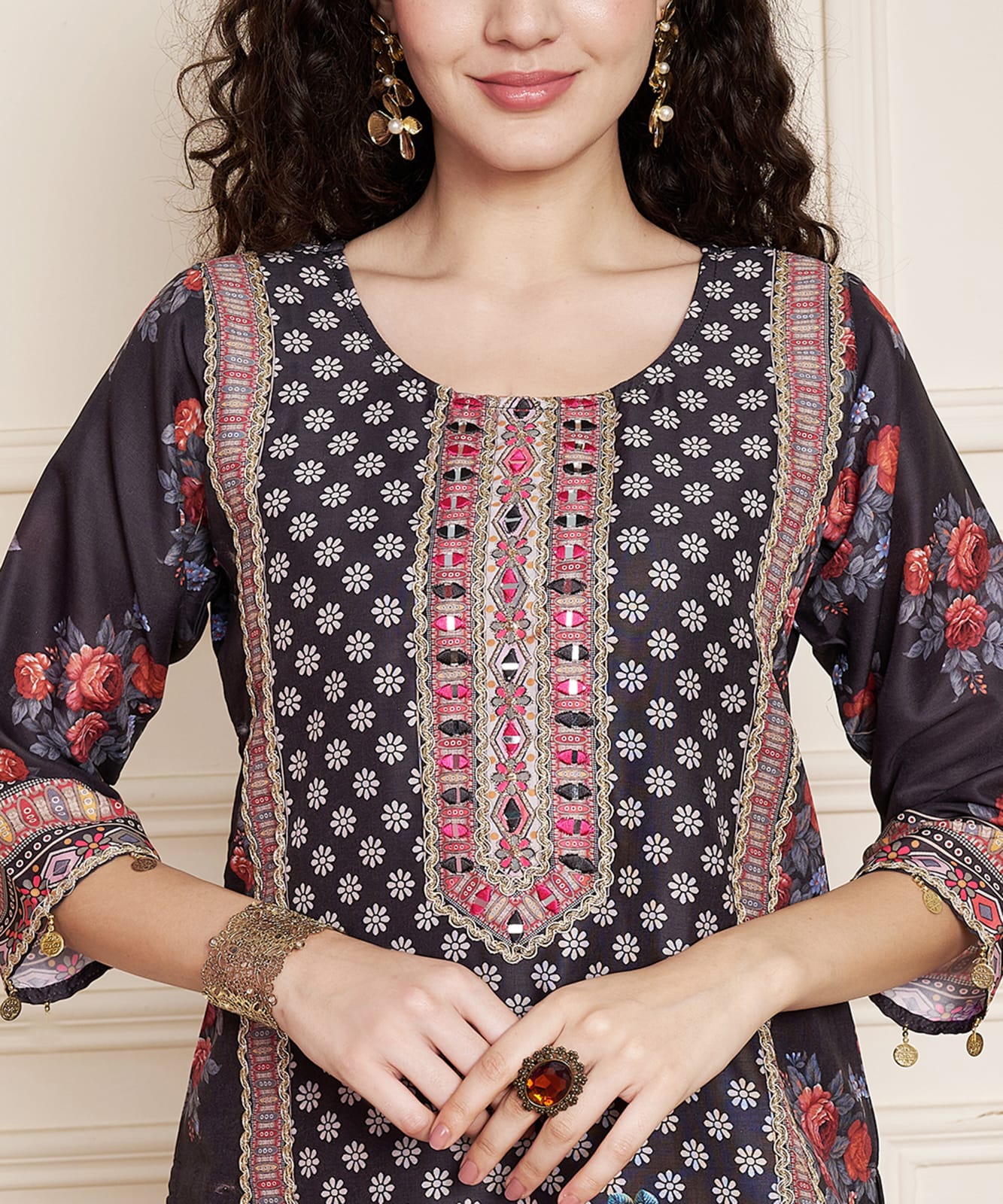 Elegant Black Floral Printed Kurta Set with Dupatta