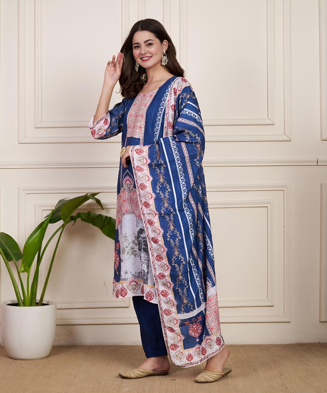Royal Blue Mughal-Inspired Printed Kurta Set with Dupatta