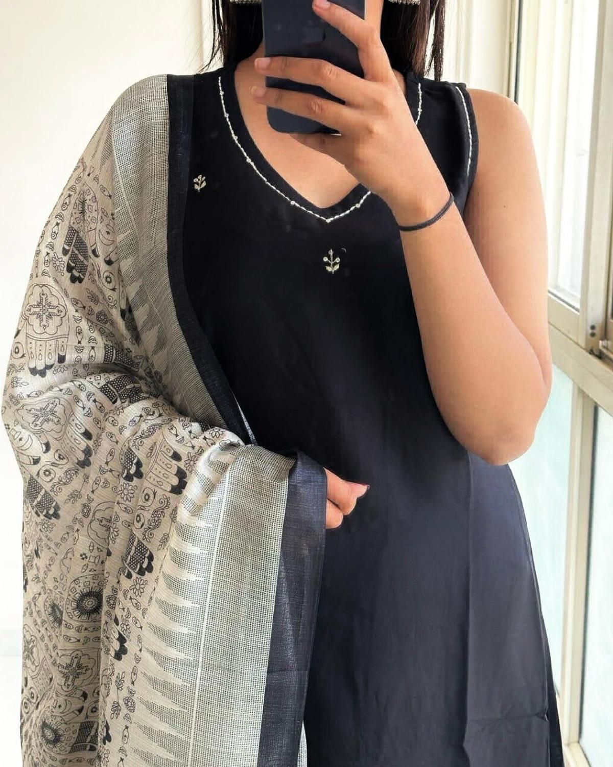 Elegant Indigo Black Cotton Kurta Set with Printed Dupatta – Ethnic Wear for Women