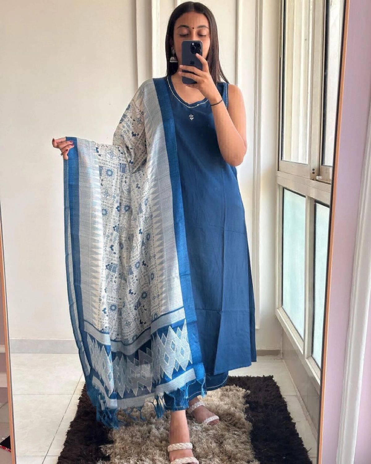 Elegant Indigo Blue Cotton Kurta Set with Printed Dupatta – Ethnic Wear for Women