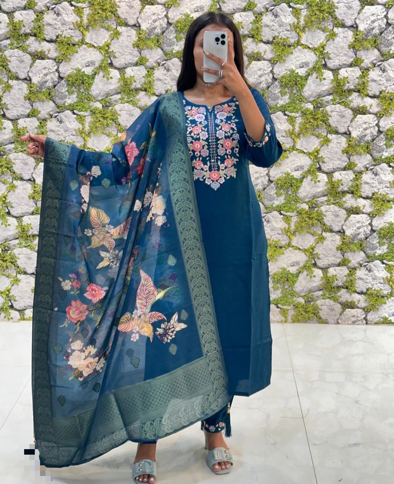 Floral Embroidered Kurta Set with Printed Organza Dupatta