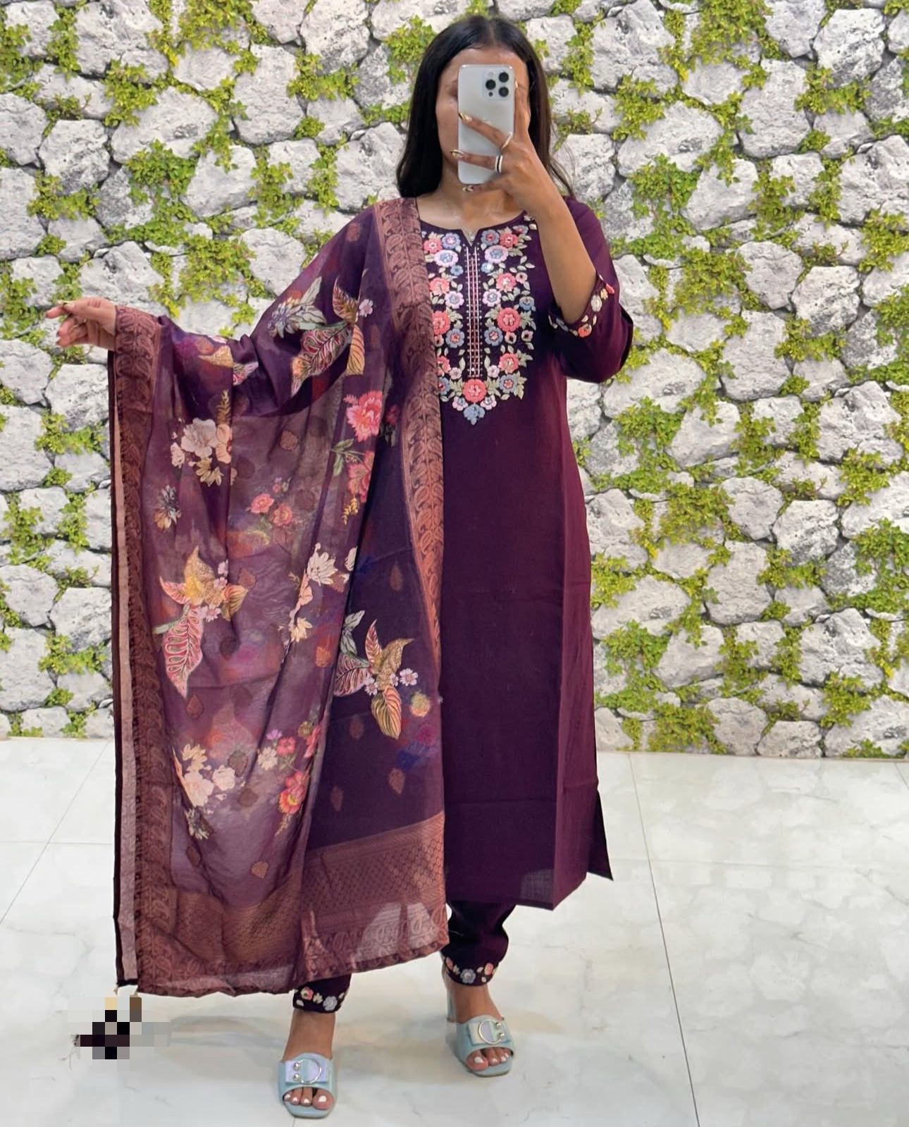 Floral Embroidered Kurta Set with Printed Organza Dupatta