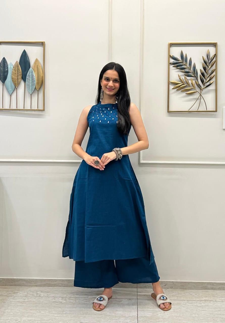 Sleeveless Mirror Work Kurta  Deep Teal Blue Elegance