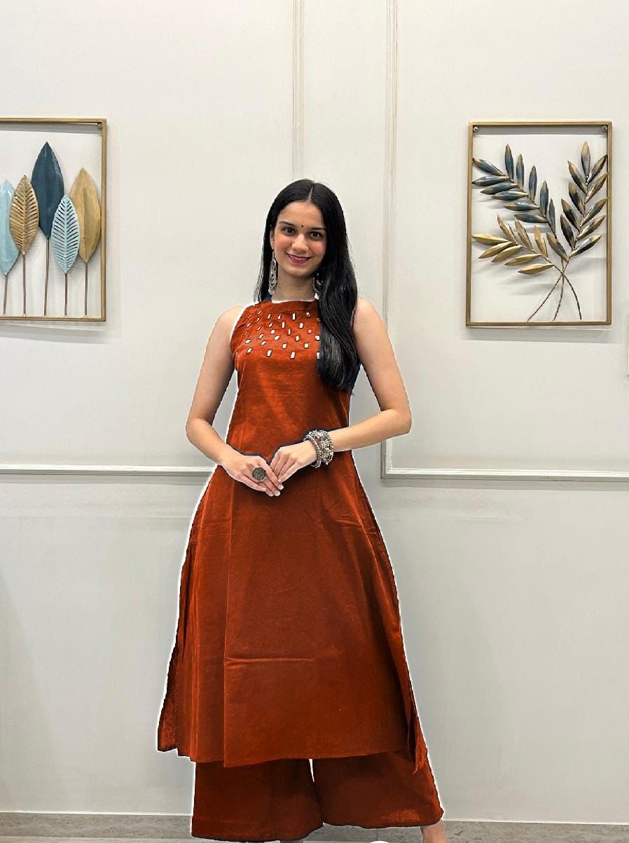 Sleeveless Mirror Work Kurta  Deep Rust  Elegance