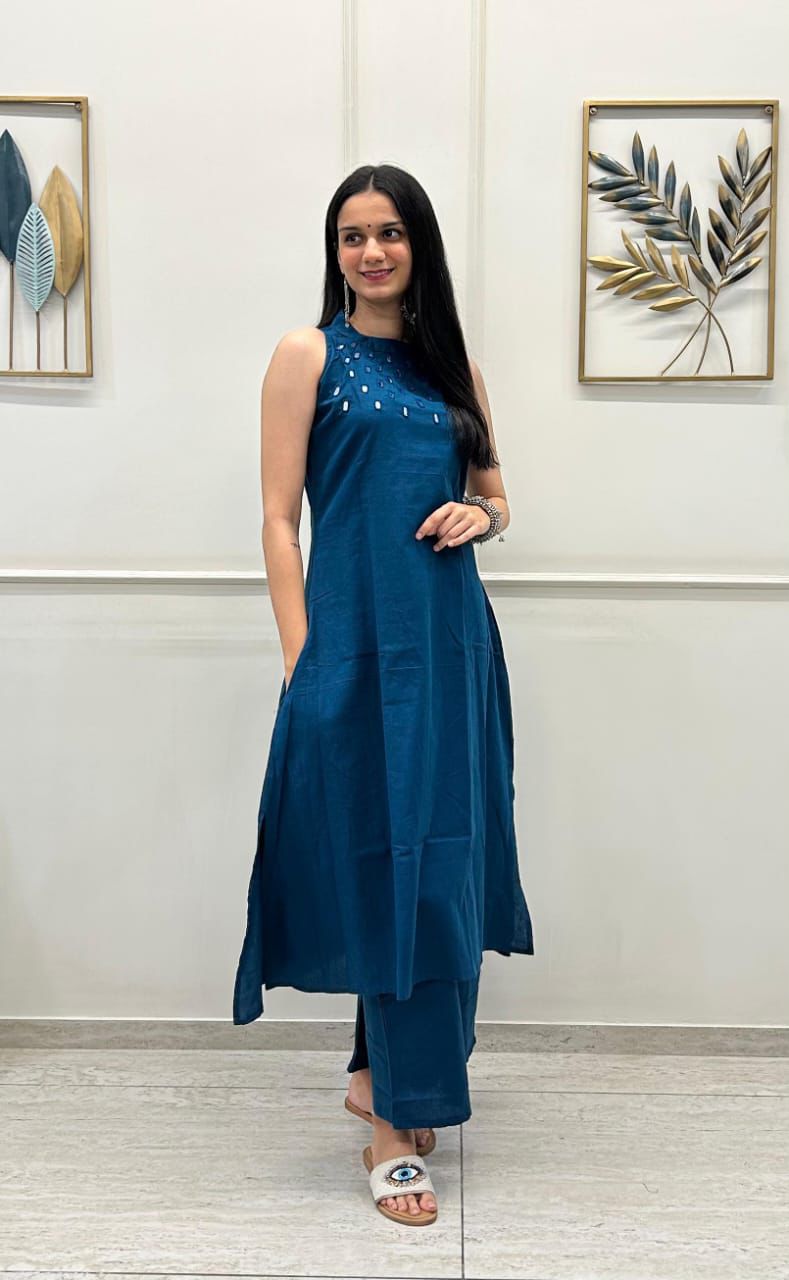 Sleeveless Mirror Work Kurta  Deep Teal Blue Elegance