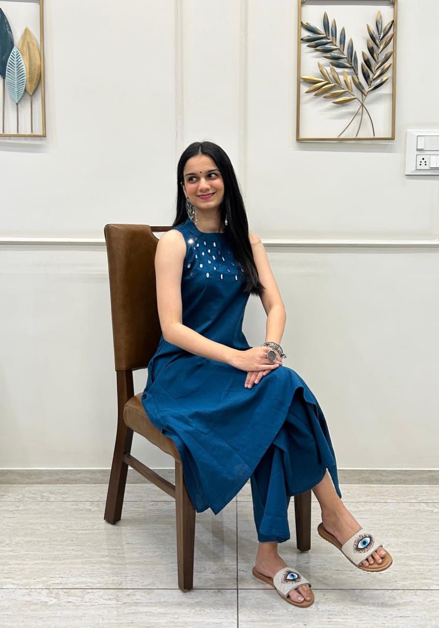 Sleeveless Mirror Work Kurta  Deep Teal Blue Elegance