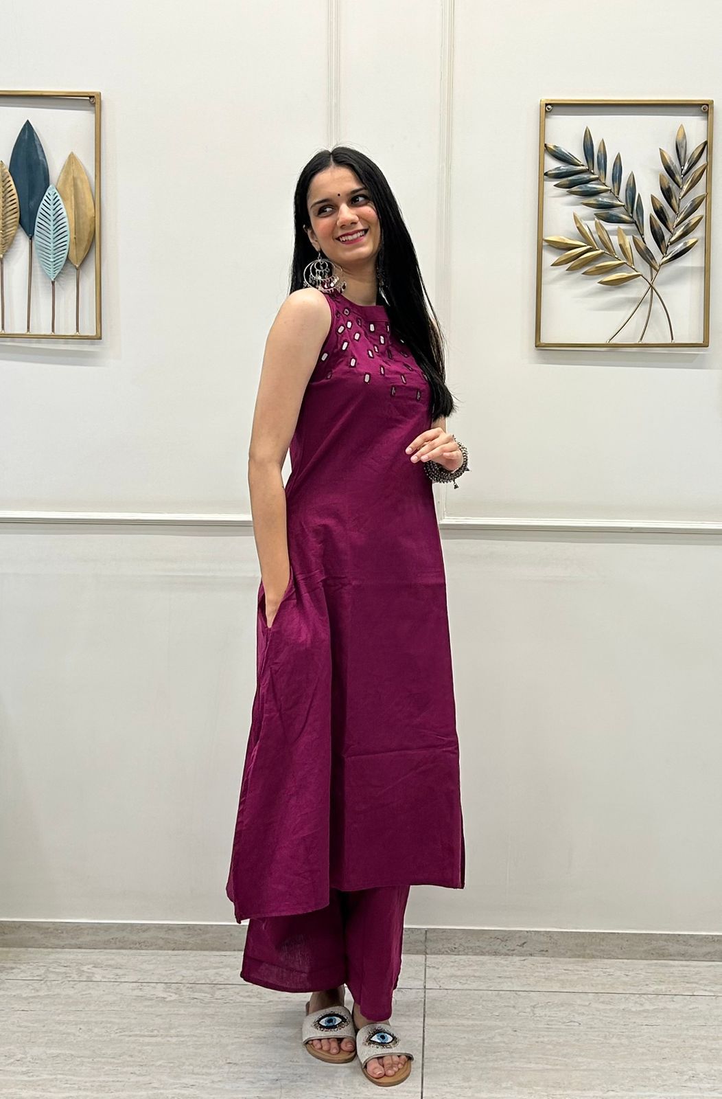 Sleeveless Mirror Work Kurta  Deep Wine Elegance