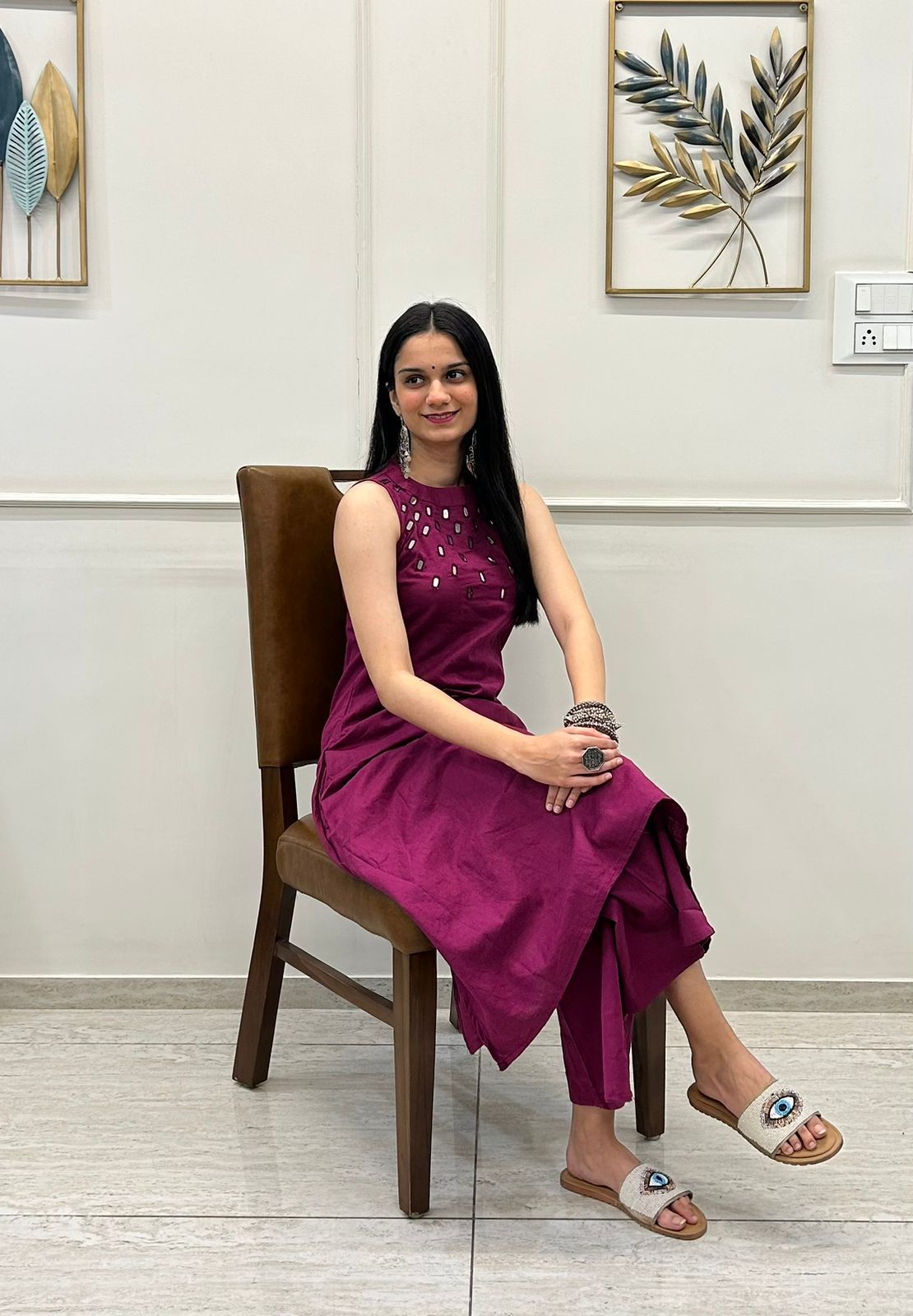 Sleeveless Mirror Work Kurta  Deep Wine Elegance