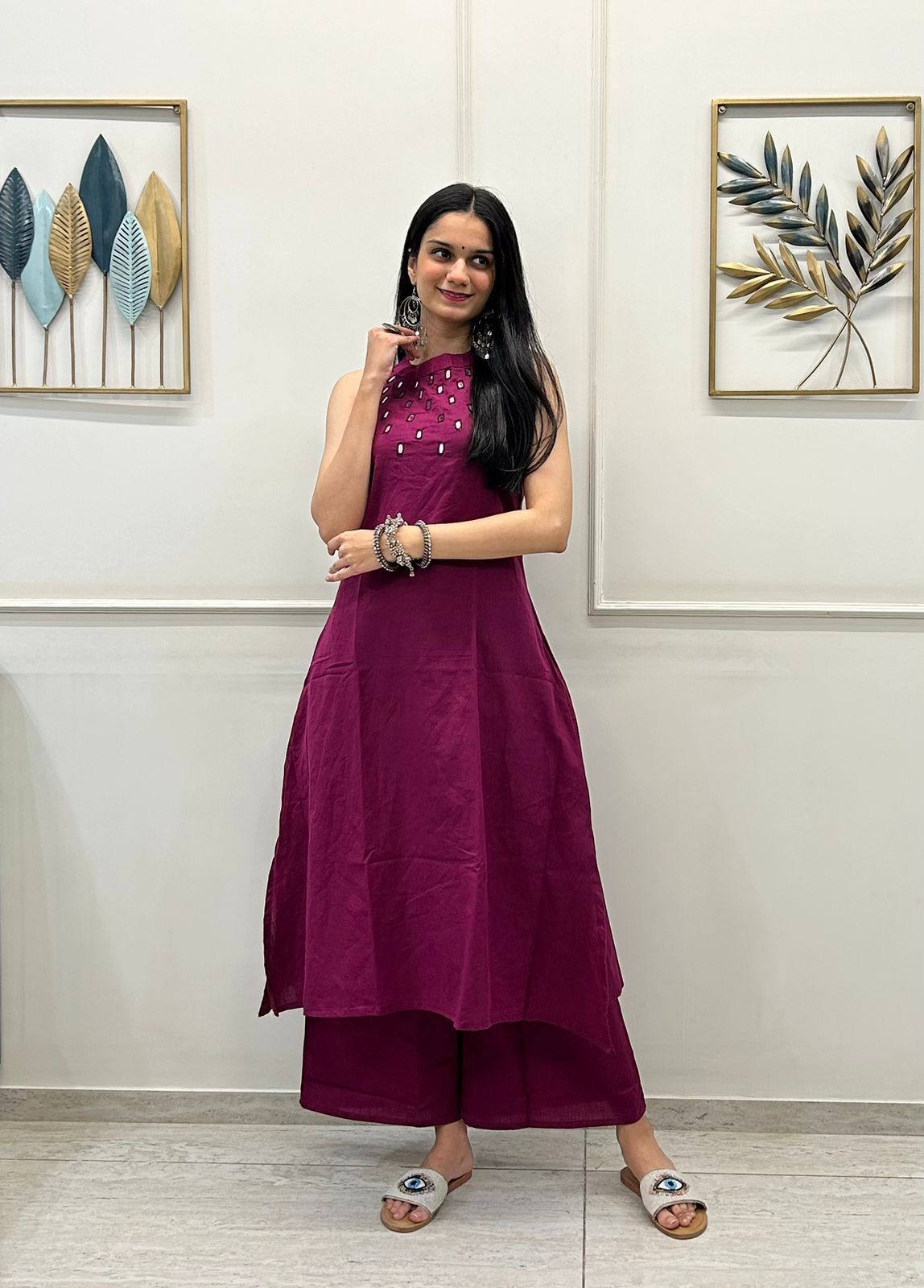 Sleeveless Mirror Work Kurta  Deep Wine Elegance
