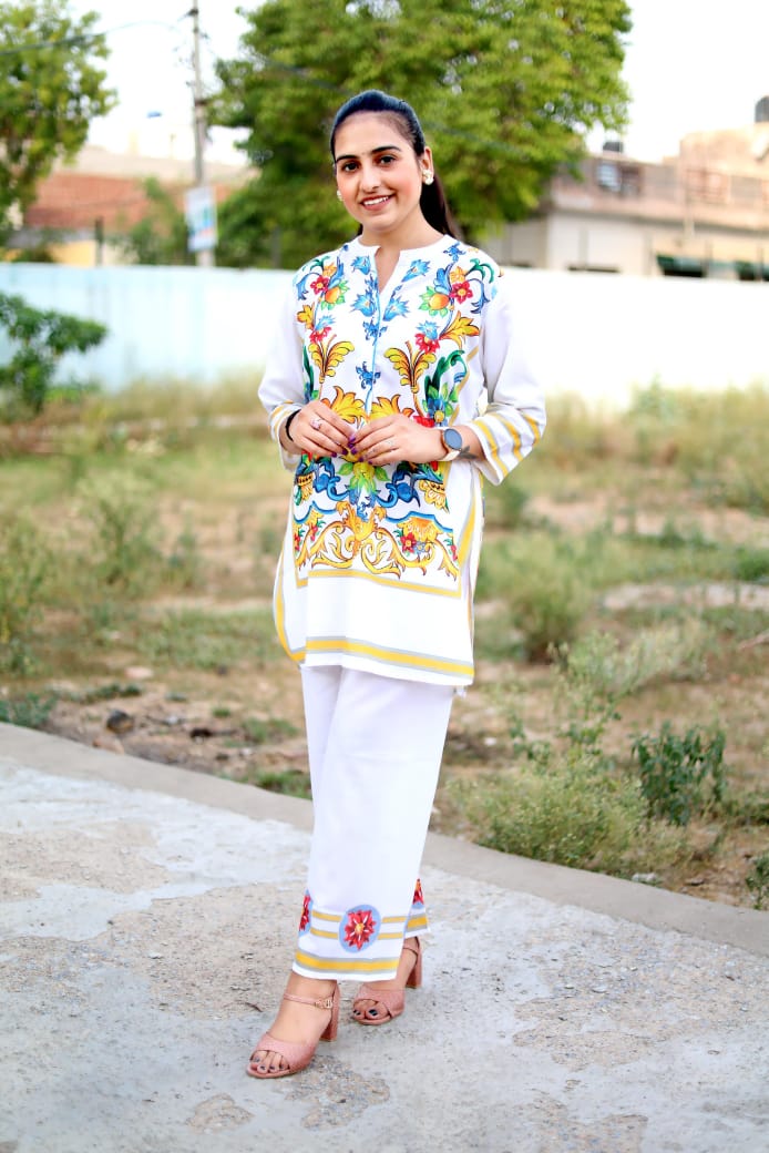 White Cotton Co-Ord Set with Multicolor Floral Print