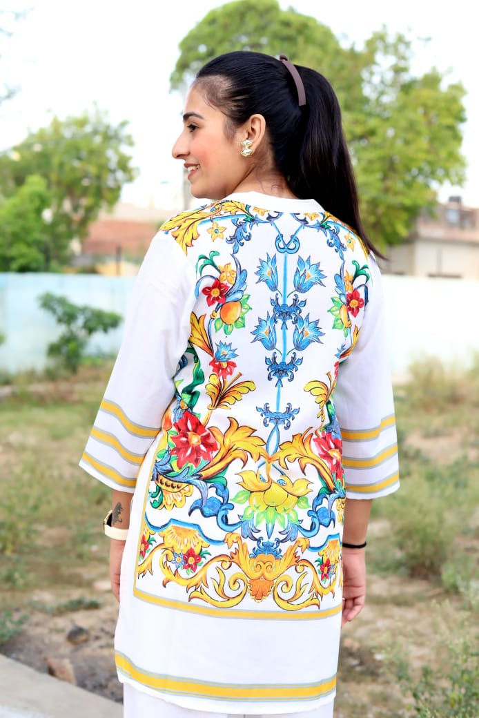 White Cotton Co-Ord Set with Multicolor Floral Print